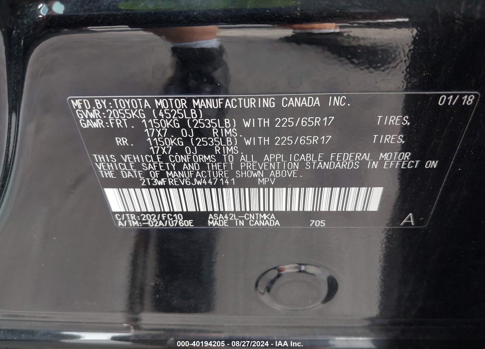 2018 TOYOTA RAV4 XLE VIN: 2T3WFREV6JW447141