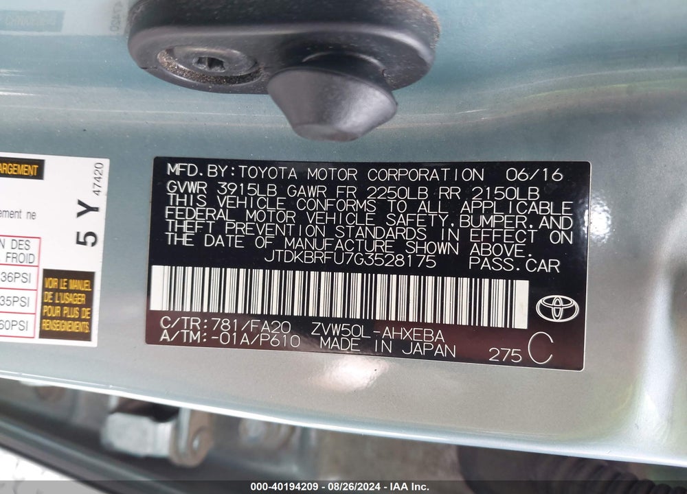 2016 TOYOTA PRIUS TWO VIN: JTDKBRFU7G3528175