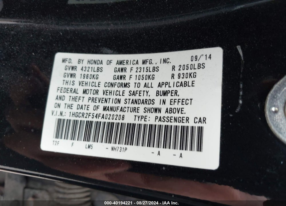 2015 HONDA ACCORD SPORT VIN: 1HGCR2F54FA020208