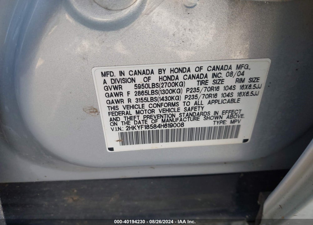 2004 HONDA PILOT EX-L VIN: 2HKYF18584H619008