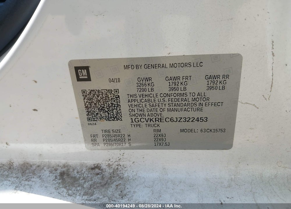 2018 CHEVROLET SILVERADO 1500 2LT VIN: 1GCVKREC6JZ322453
