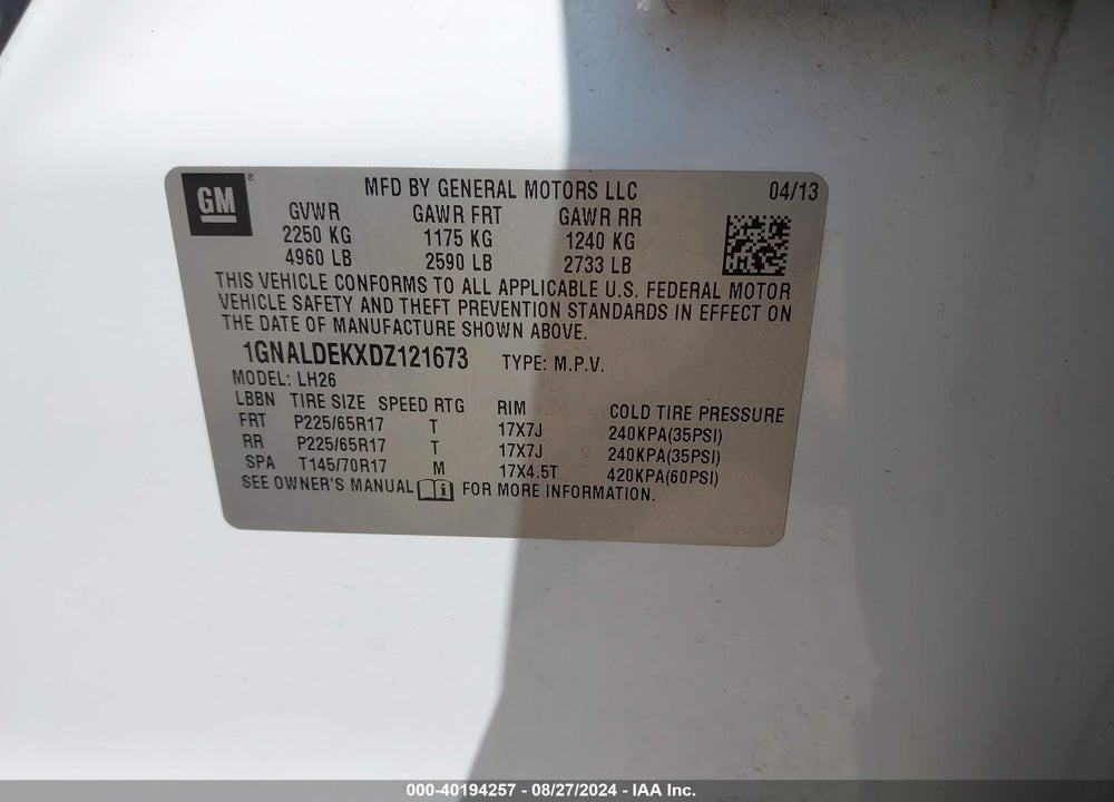 2013 CHEVROLET EQUINOX 1LT VIN: 1GNALDEKXDZ121673