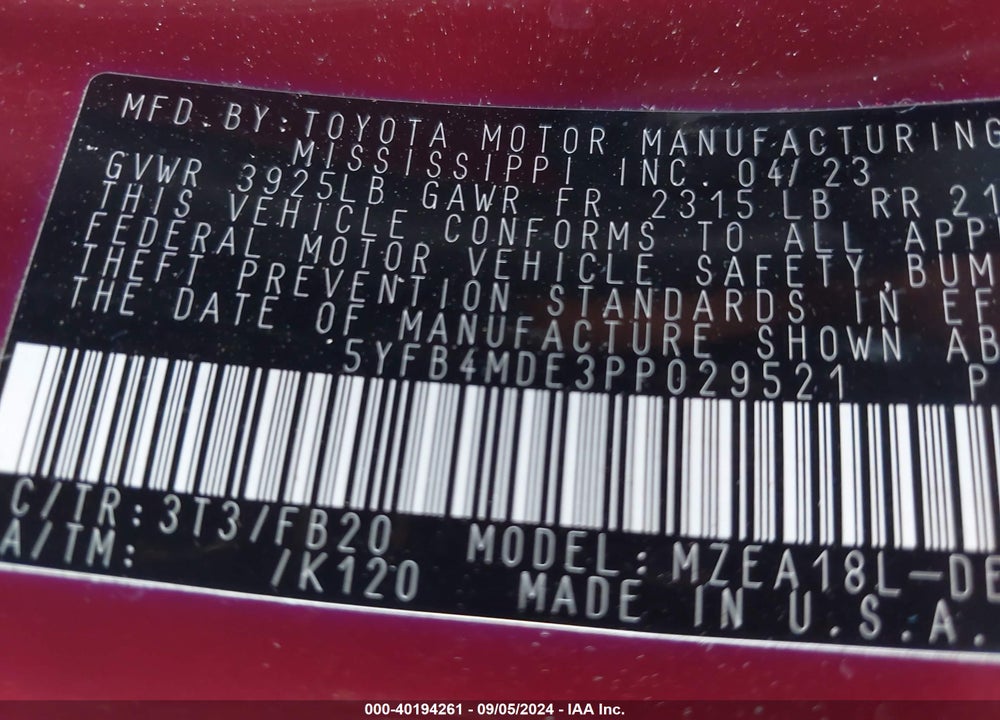 2023 TOYOTA COROLLA VIN: 5YFB4MDE3PP029521