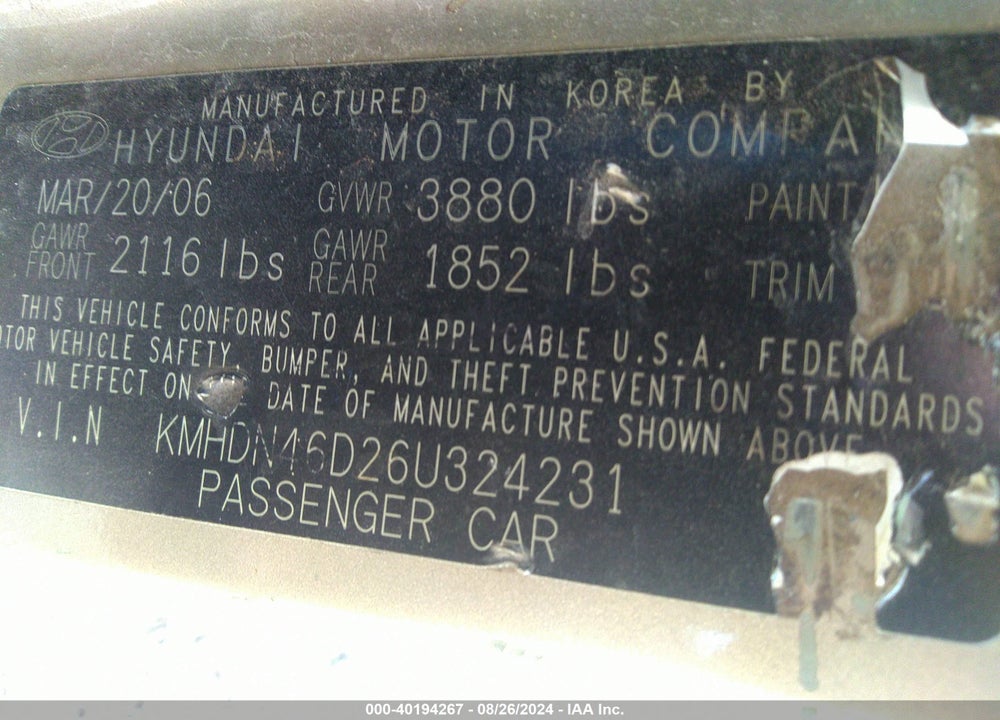 2006 HYUNDAI ELANTRA GLS/LIMITED VIN: KMHDN46D26U324231