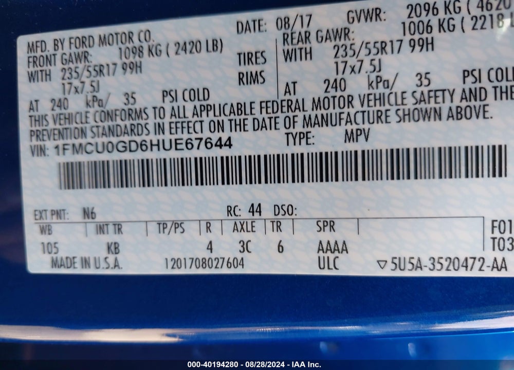 2017 FORD ESCAPE SE VIN: 1FMCU0GD6HUE67644