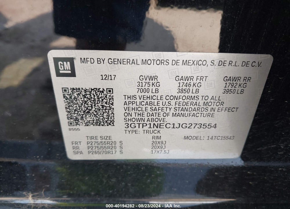 2018 GMC SIERRA 1500 SLT VIN: 3GTP1NEC1JG273554