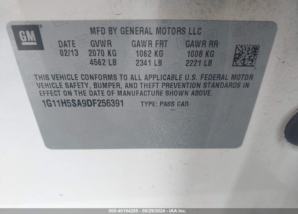 2013 CHEVROLET MALIBU 1LZ VIN: 1G11H5SA9DF256391