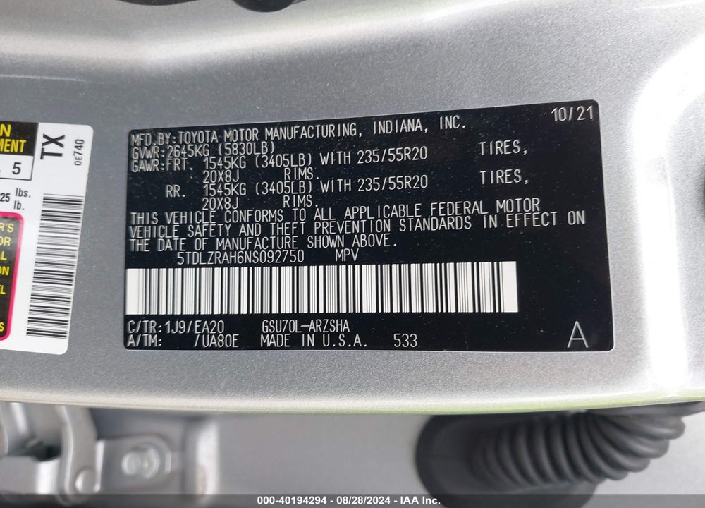 2022 TOYOTA HIGHLANDER XSE VIN: 5TDLZRAH6NS092750