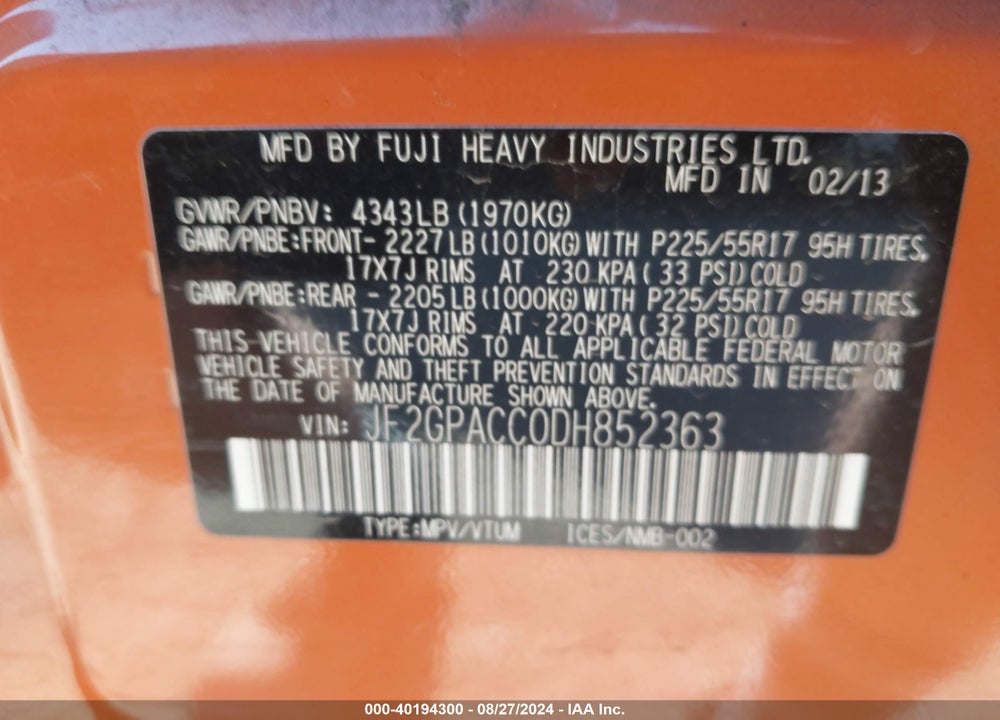 2013 SUBARU XV CROSSTREK 2.0I PREMIUM VIN: JF2GPACC0DH852363
