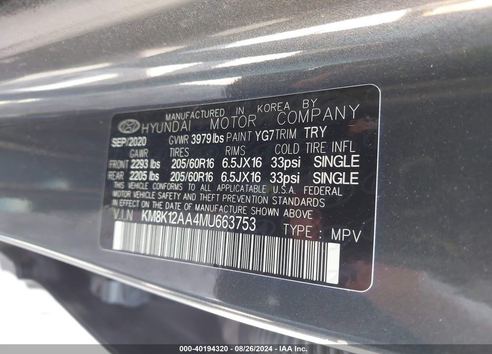 2021 HYUNDAI KONA SE VIN: KM8K12AA4MU663753
