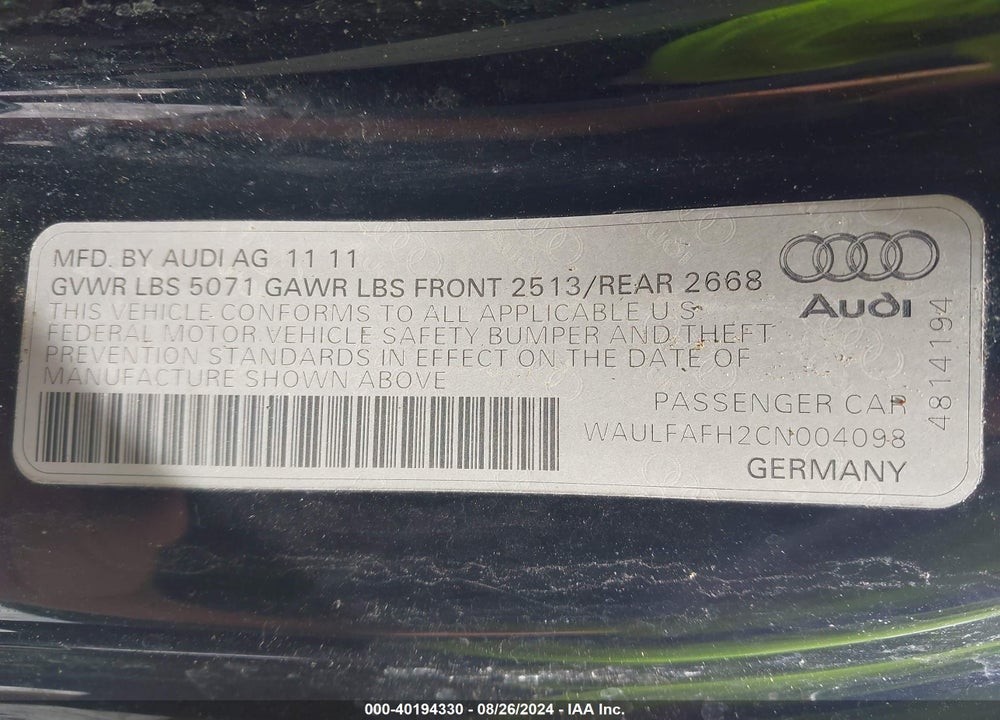 2012 AUDI A5 VIN: WAULFAFH2CN004098