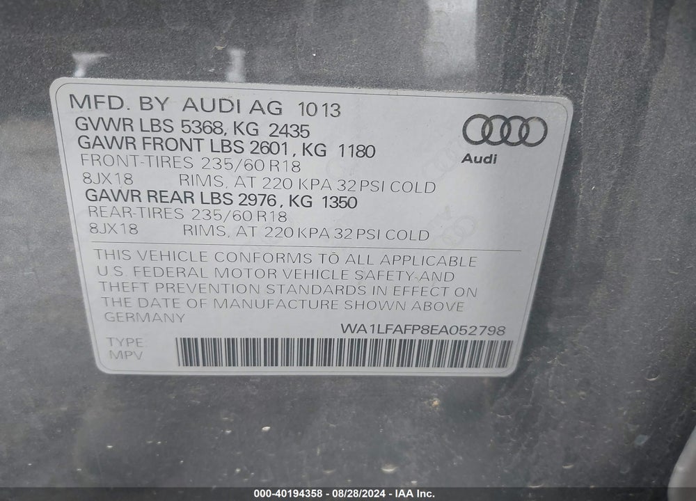 2014 AUDI Q5 2.0T PREMIUM VIN: WA1LFAFP8EA052798