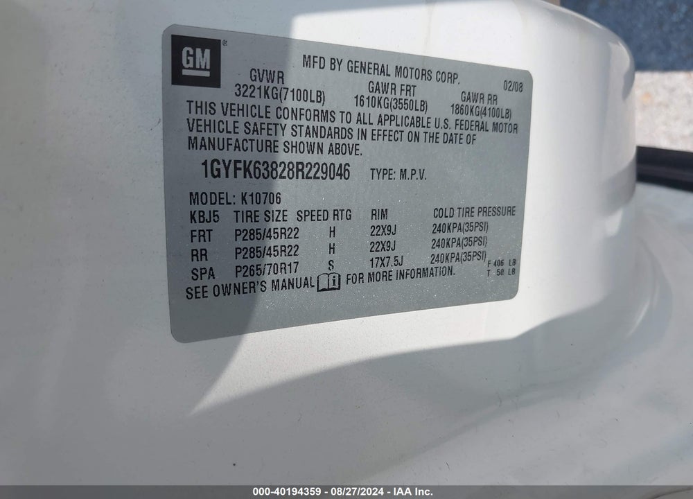 2008 CADILLAC ESCALADE STANDARD VIN: 1GYFK63828R229046