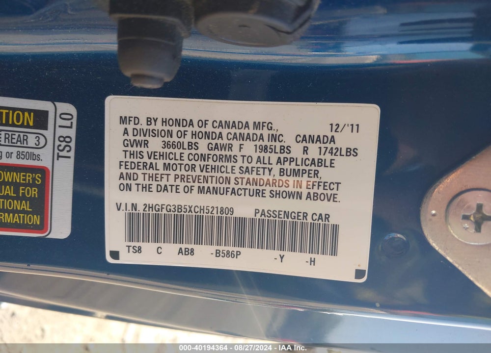 2012 HONDA CIVIC LX VIN: 2HGFG3B5XCH521809