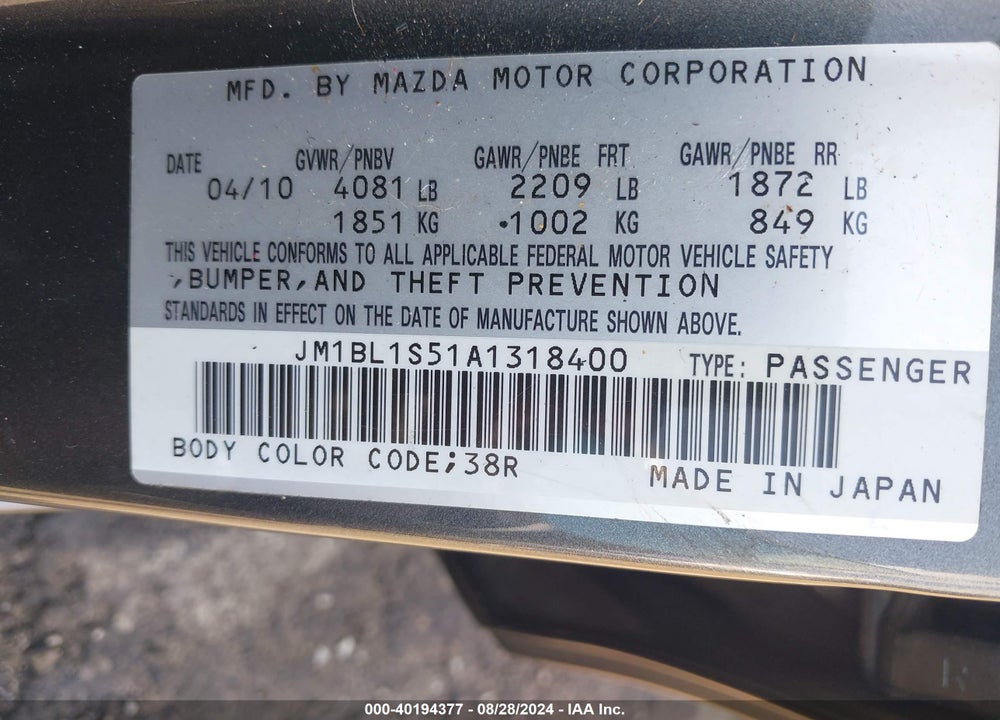 2010 MAZDA 3 S GRAND TOURING VIN: JM1BL1S51A1318400