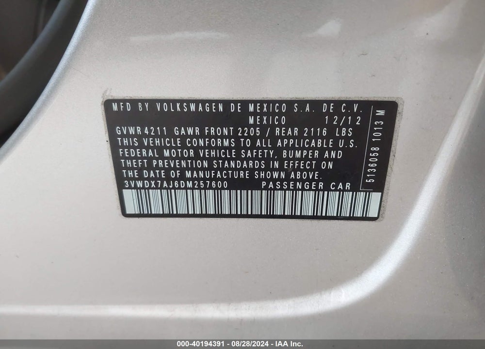 2013 VOLKSWAGEN JETTA 2.5L SE VIN: 3VWDX7AJ6DM257600
