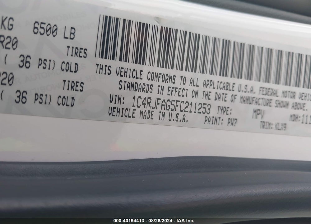 2015 JEEP GRAND CHEROKEE ALTITUDE VIN: 1C4RJFAG5FC211253