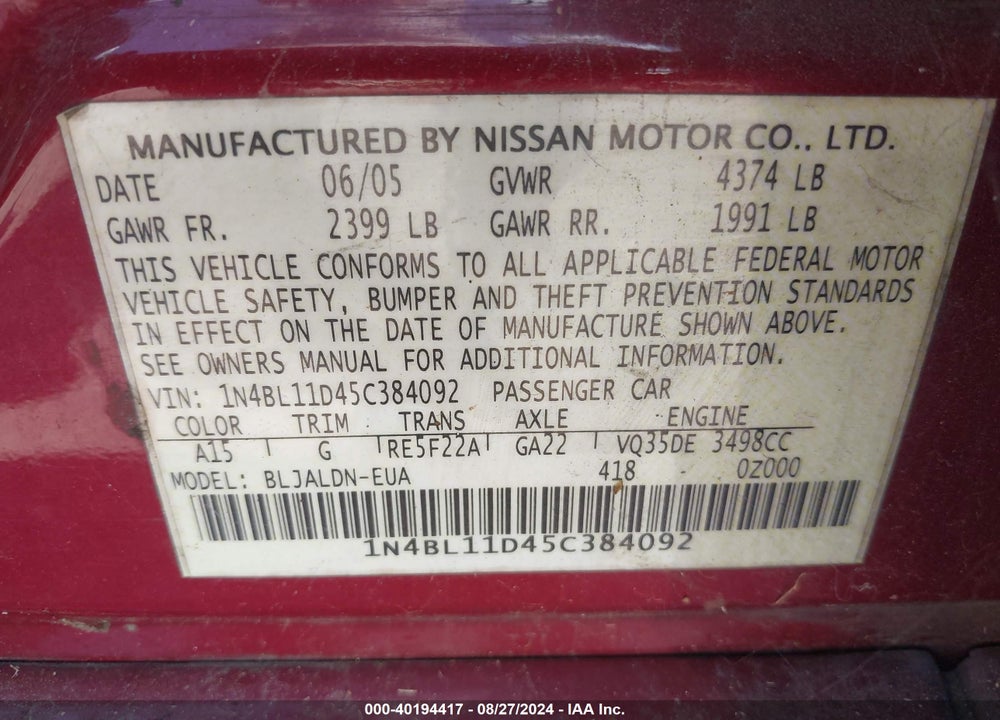 2005 NISSAN ALTIMA 3.5 SL VIN: 1N4BL11D45C384092