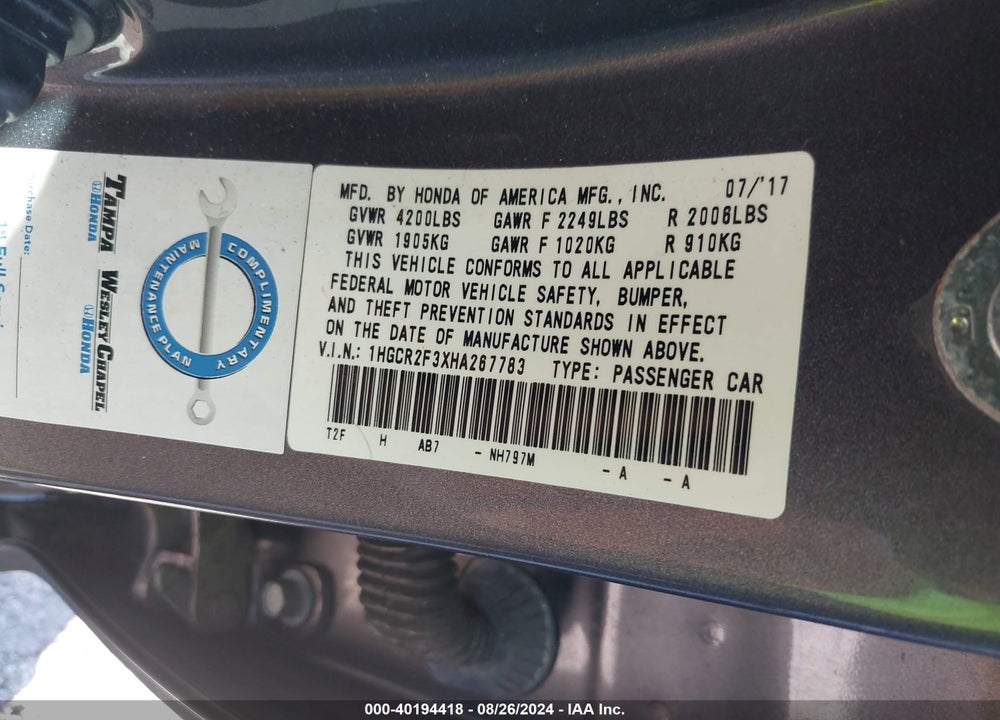2017 HONDA ACCORD LX VIN: 1HGCR2F3XHA267783