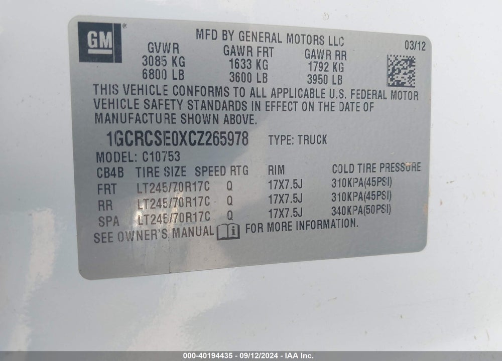 2012 CHEVROLET SILVERADO 1500 LT VIN: 1GCRCSE0XCZ265978