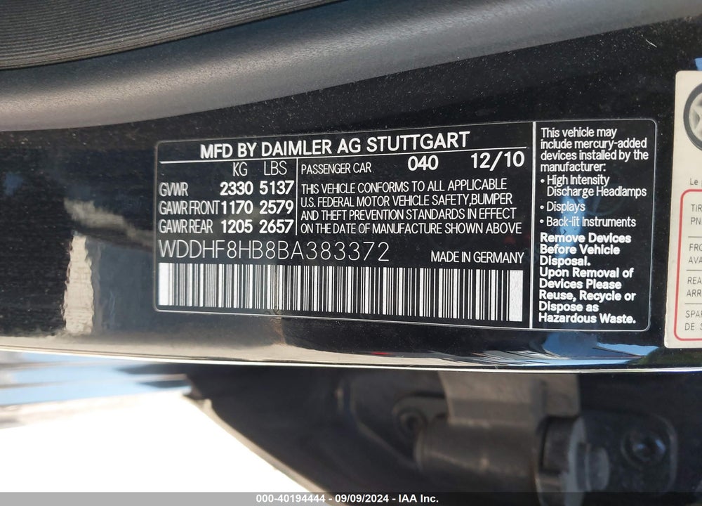 2011 MERCEDES-BENZ E 350 4MATIC VIN: WDDHF8HB8BA383372