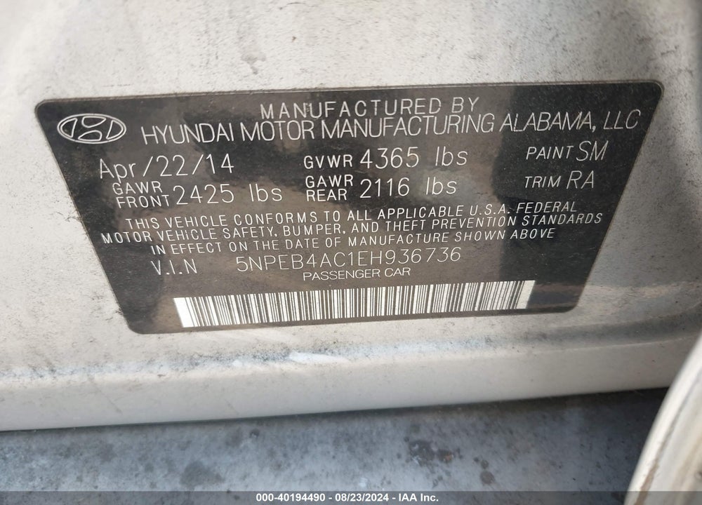 2014 HYUNDAI SONATA GLS VIN: 5NPEB4AC1EH936736