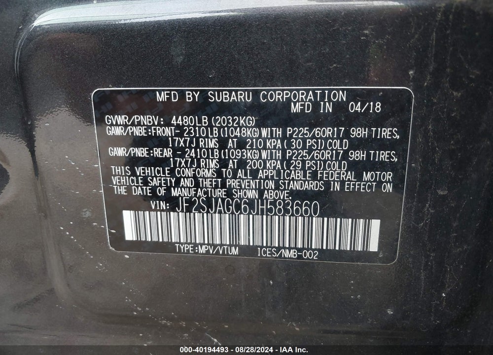2018 SUBARU FORESTER 2.5I PREMIUM VIN: JF2SJAGC6JH583660