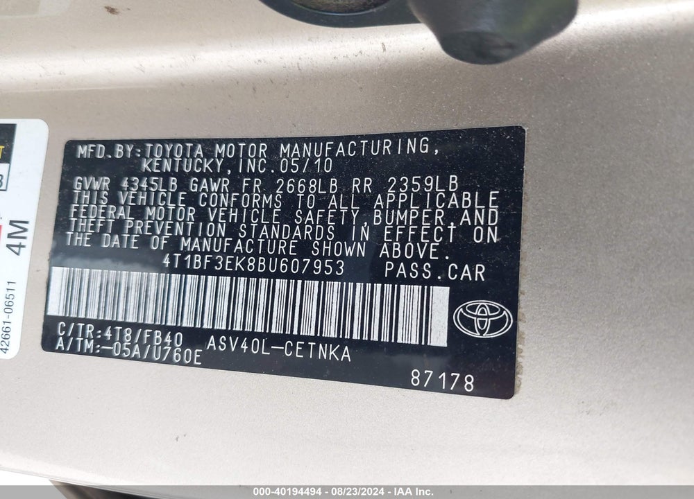 2011 TOYOTA CAMRY LE VIN: 4T1BF3EK8BU607953