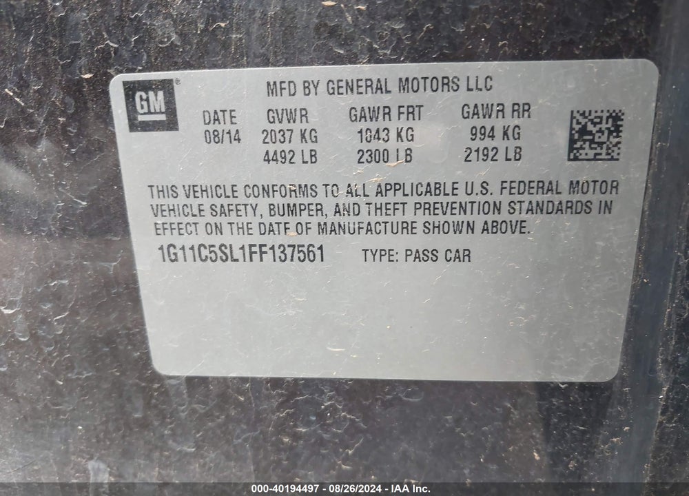 2015 CHEVROLET MALIBU 1LT VIN: 1G11C5SL1FF137561