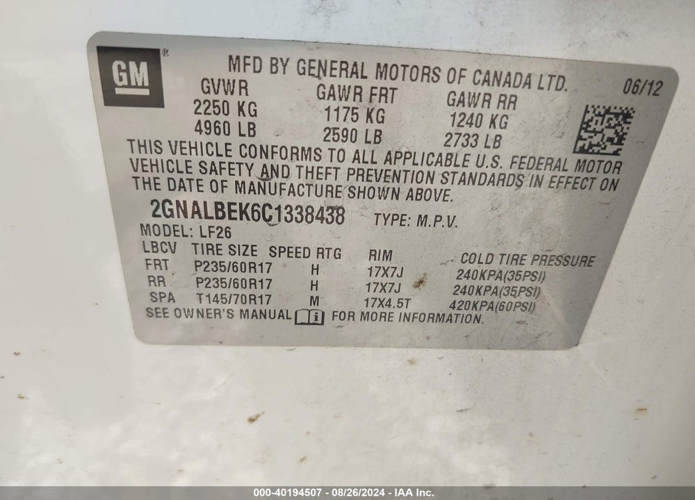 2012 CHEVROLET EQUINOX LS VIN: 2GNALBEK6C1338438