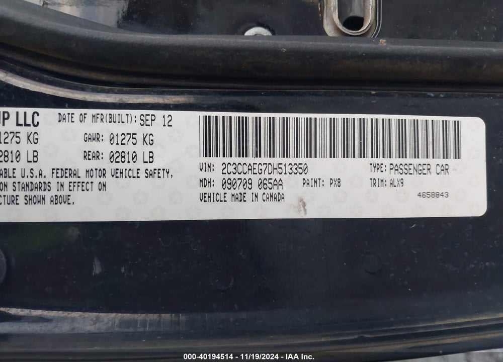 2013 CHRYSLER 300C VIN: 2C3CCAEG7DH513350
