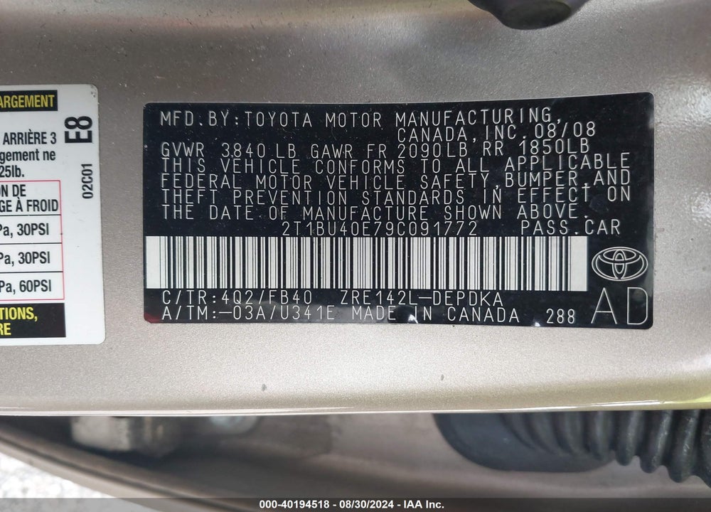 2009 TOYOTA COROLLA VIN: 2T1BU40E79C091772