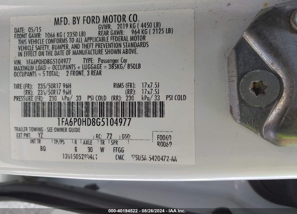 2016 FORD FUSION SE VIN: 1FA6P0HD8G5104977