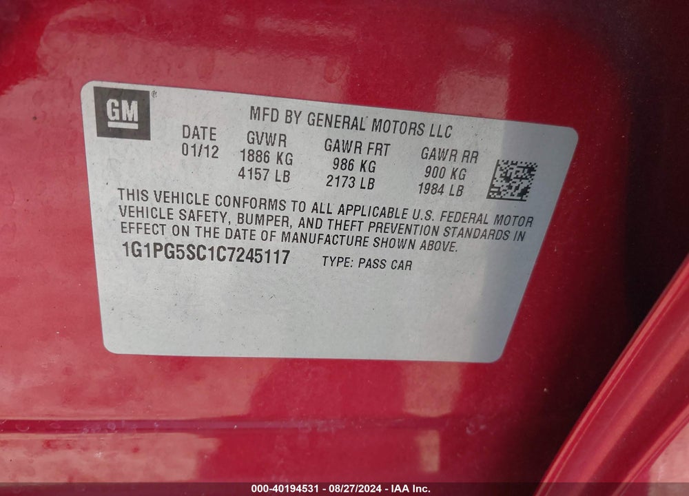 2012 CHEVROLET CRUZE 2LT VIN: 1G1PG5SC1C7245117