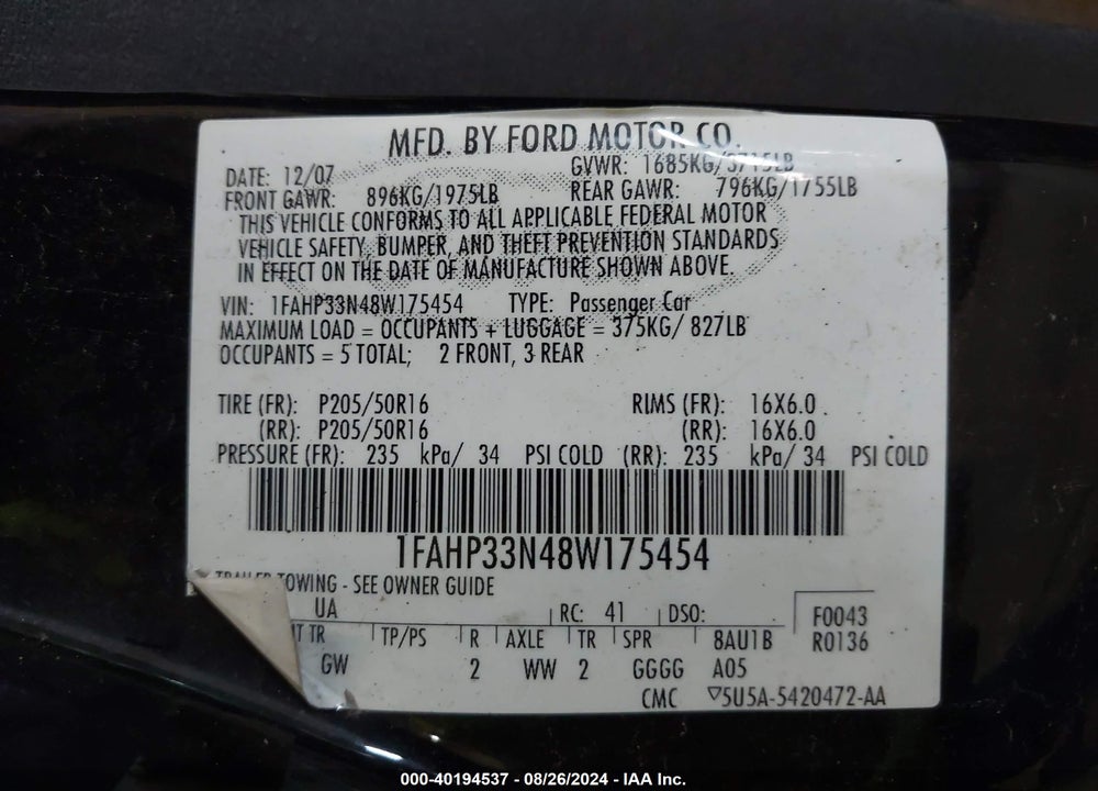 2008 FORD FOCUS VIN: 1FAHP33N48W175454