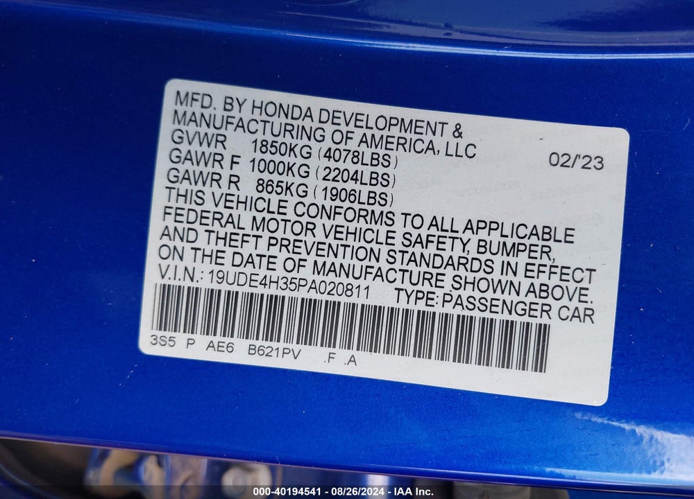 2023 ACURA INTEGRA A-SPEC VIN: 19UDE4H35PA020811