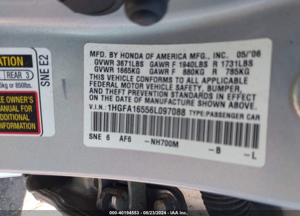 2006 HONDA CIVIC LX VIN: 1HGFA16556L097088