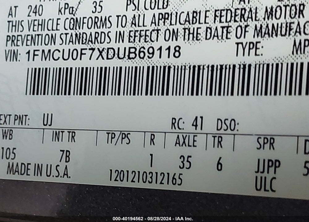 2013 FORD ESCAPE S VIN: 1FMCU0F7XDUB69118