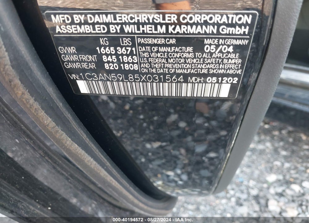 2005 CHRYSLER CROSSFIRE VIN: 1C3AN59L85X031564