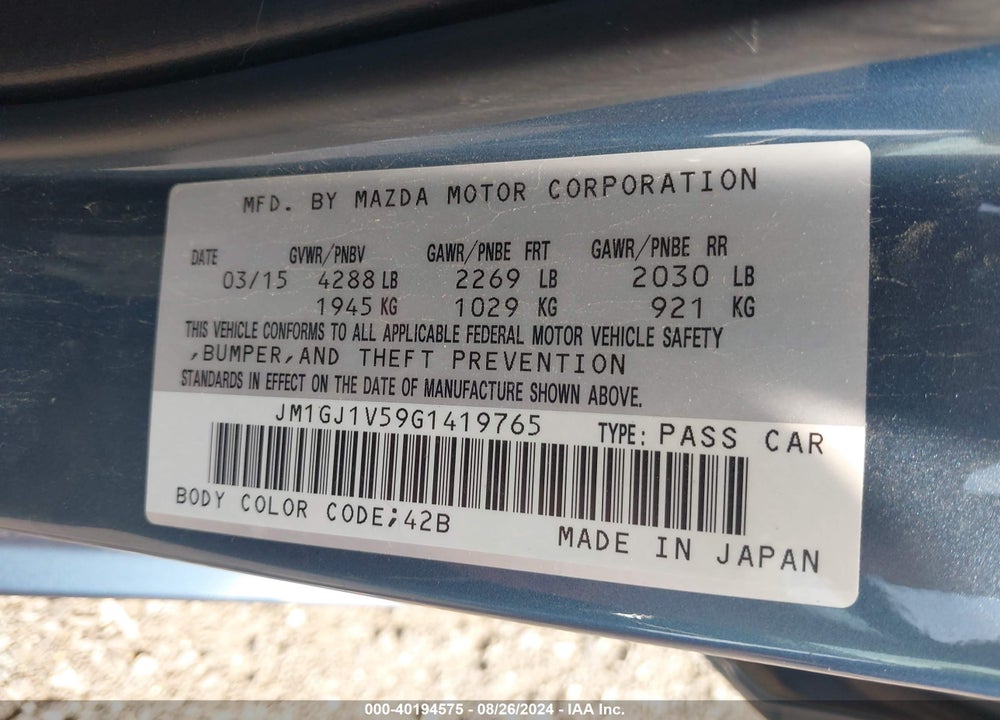 2016 MAZDA 6 I TOURING VIN: JM1GJ1V59G1419765