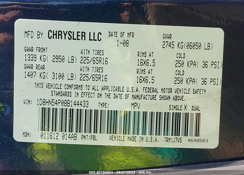 2008 DODGE GRAND CARAVAN VIN: 1D8HN54P08B144433