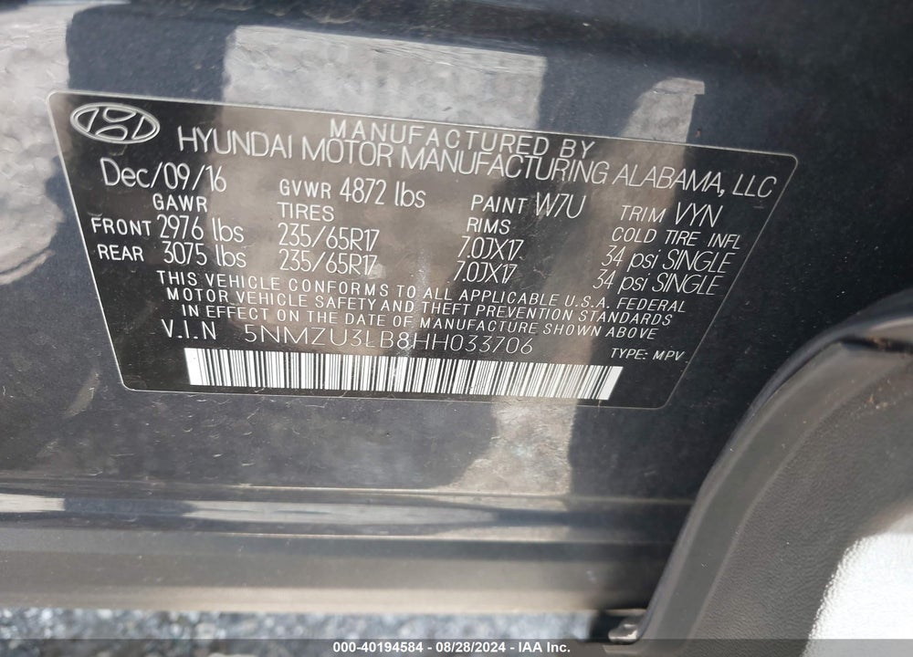 2017 HYUNDAI SANTA FE SPORT 2.4L VIN: 5NMZU3LB8HH033706