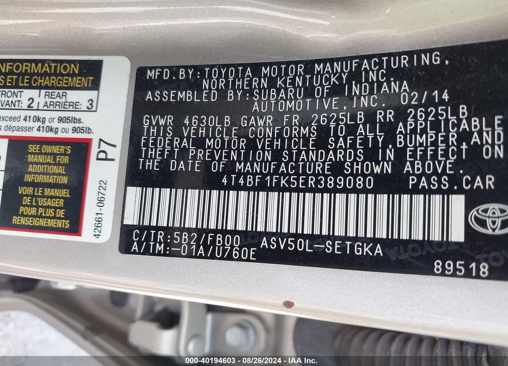 2014 TOYOTA CAMRY XLE VIN: 4T4BF1FK5ER389080