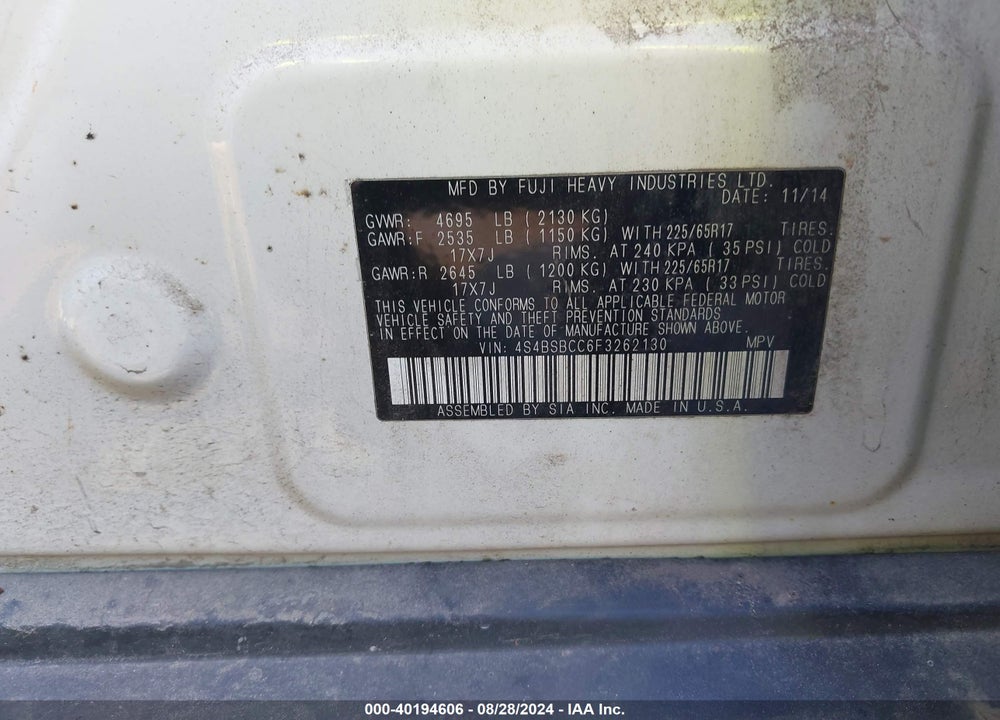 2015 SUBARU OUTBACK 2.5I PREMIUM VIN: 4S4BSBCC6F3262130