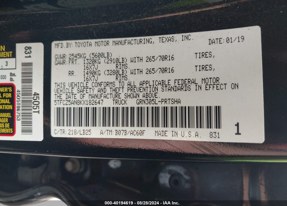 2019 TOYOTA TACOMA TRD PRO VIN: 5TFCZ5AN8KX182647