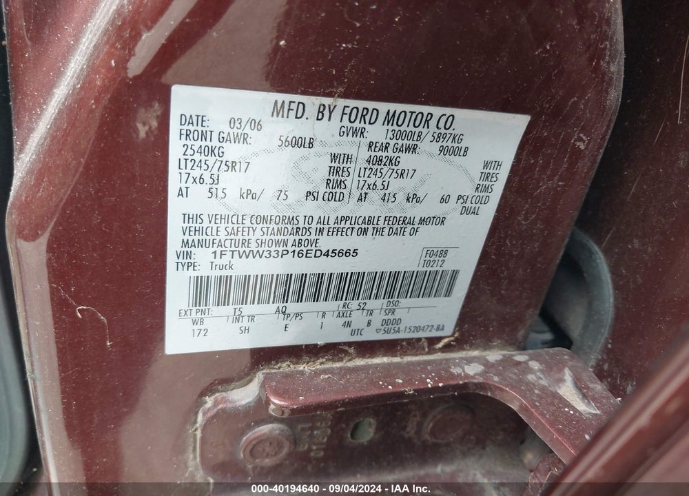 2006 FORD F-350 LARIAT/XL/XLT VIN: 1FTWW33P16ED45665