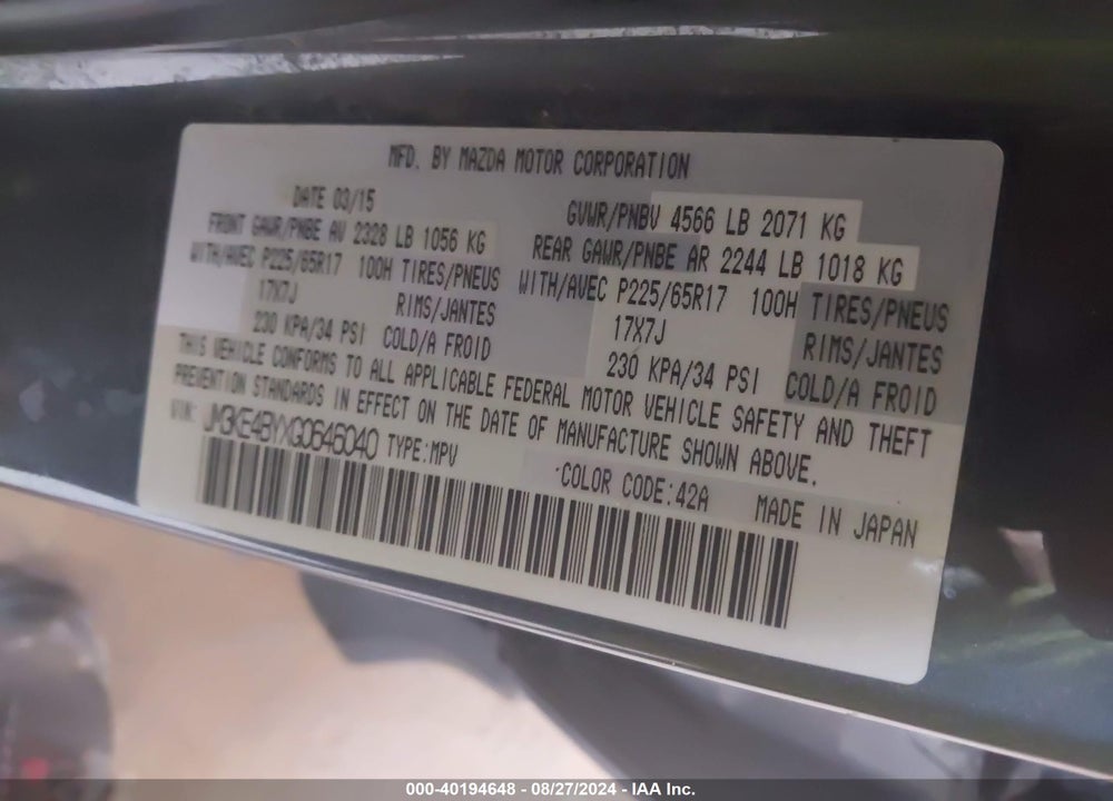 2016 MAZDA CX-5 SPORT VIN: JM3KE4BYXG0646040