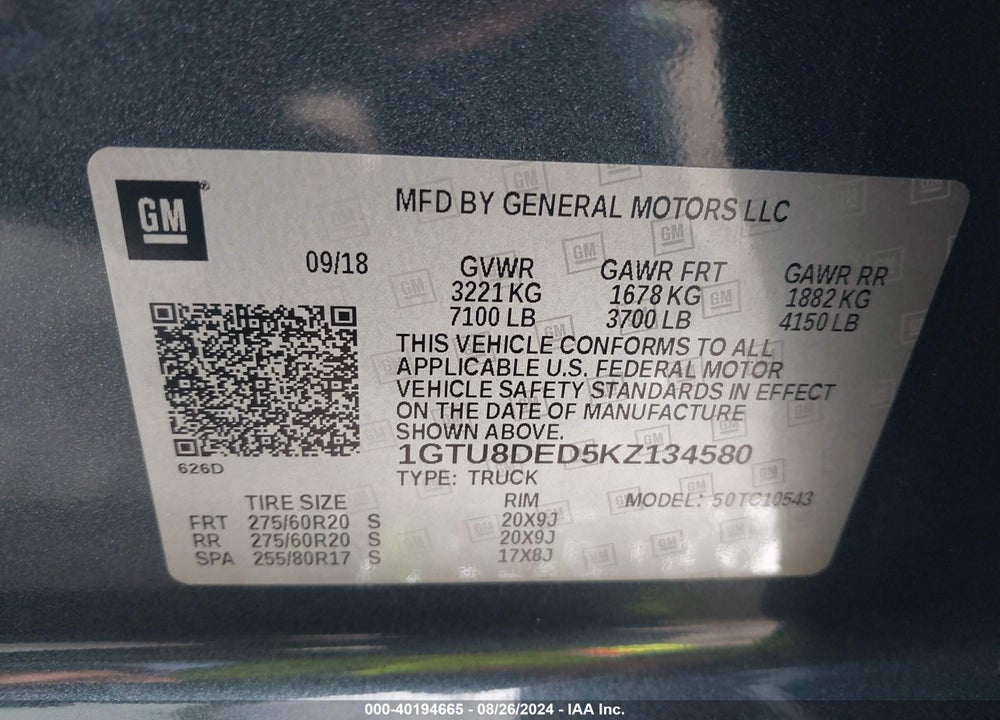2019 GMC SIERRA 1500 VIN: 1GTU8DED5KZ134580