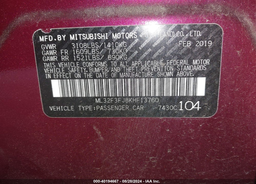 2019 MITSUBISHI MIRAGE G4 ES VIN: ML32F3FJ8KHF13760
