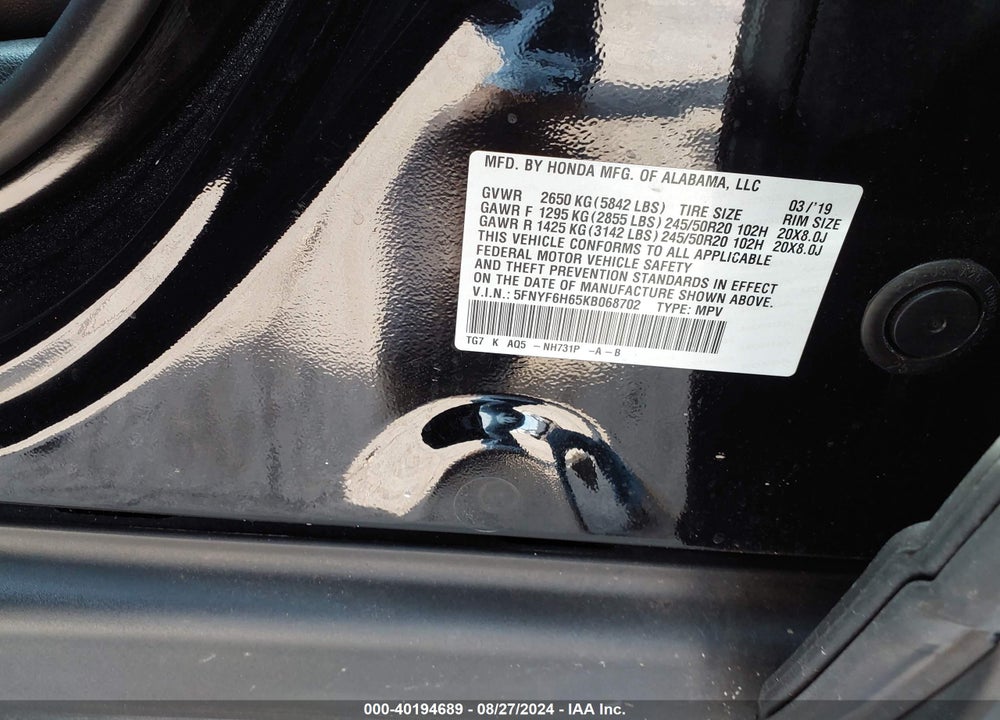 2019 HONDA PILOT TOURING VIN: 5FNYF6H65KB068702